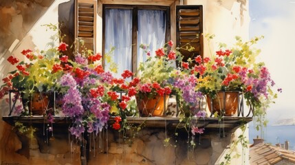 Naklejka premium Italian window and balcony facade with flowers front view watercolor painting