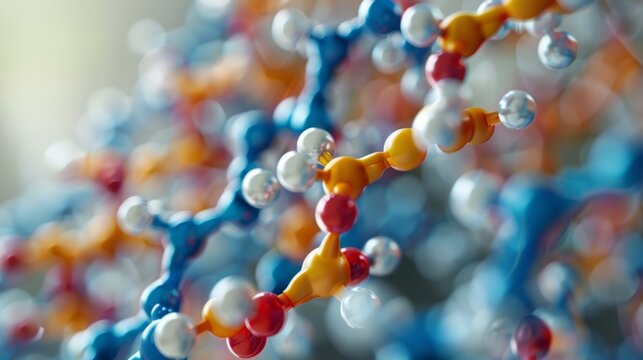 A series of interconnected molecular models representing the formation of a polymer chain, illustrating the concept of polymerization.