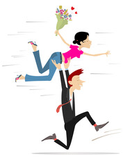 Love couple rendezvous. Hearts symbol. Love couple. Happy running young man carries his woman on the hands above the head. Isolated on white background