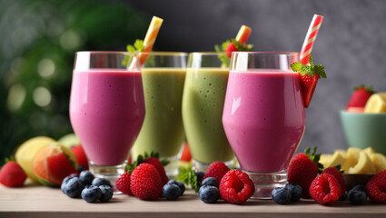 Three glasses of fruit smoothies in various shades of pink and green are set on a table.