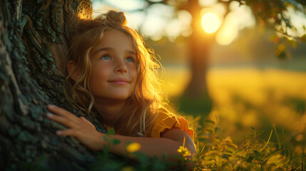 A little girl hugging an oak tree and looking up to the sky, smiling and remembering her parents in heaven