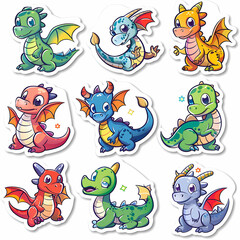 Naklejka premium a Set Cute dragon on a White Canvas Sticker,vector image