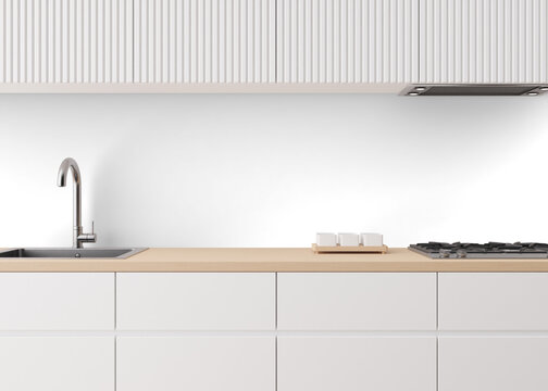 Modern kitchen splashback mockup. Kitchen furniture and empty, transparent backwall ready to insert picture, print. Minimalist design. Back wall mock up, template. Countertop and upper cabinets. 3D.