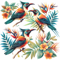 Obraz premium a Set Cute Superb Bird of Paradise on a White Canvas Sticker,vector image