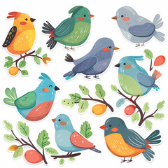 a Set Cute Bird on a White Canvas Sticker,vector image