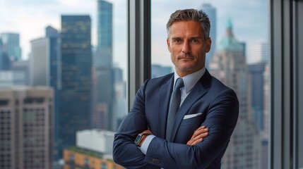 Fototapeta premium business portrait of a corporate lawyer, posed in a high-rise office with a cityscape view