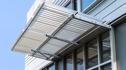 Obraz premium Modern aluminum sunshade attached to the exterior of a commercial building, offering sunlight protection and energy efficiency.