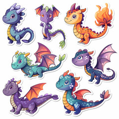 Obraz premium a Set Cute dragon on a White Canvas Sticker,vector image