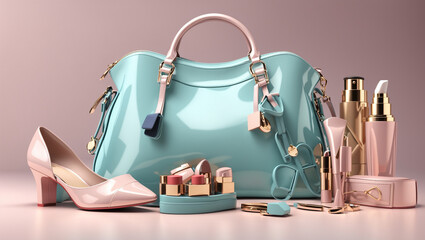 A blue handbag with a pink high heel, and various makeup products scattered around it.

