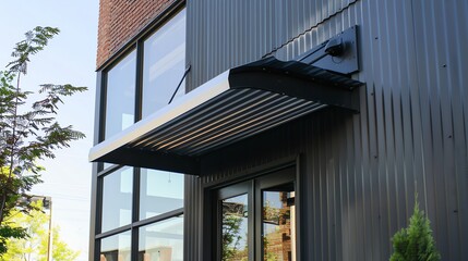 Fototapeta premium Modern commercial building exterior with metal cladding, large windows, and a stylish awning on a sunny day.