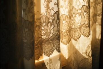 Close-up of intricate lace curtains against a softly lit window. 