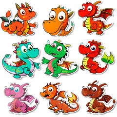Obraz premium a Set Cute dragon on a White Canvas Sticker,vector image