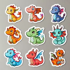 Obraz premium a Set Cute dragon on a White Canvas Sticker,vector image