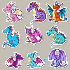 Obraz premium a Set Cute dragon on a White Canvas Sticker,vector image