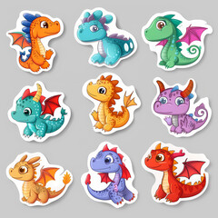 Obraz premium a Set Cute dragon on a White Canvas Sticker,vector image