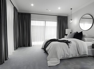 A large master bedroom in an Australian home with a black and white colour scheme