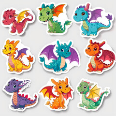 Obraz premium a Set Cute dragon on a White Canvas Sticker,vector image