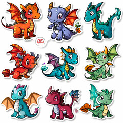 a Set Cute dragon on a White Canvas Sticker,vector image