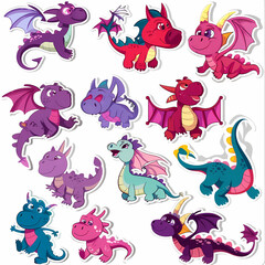 a Set Cute dragon on a White Canvas Sticker,vector image