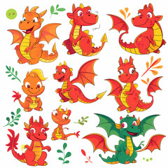 Obraz premium a Set Cute dragon on a White Canvas Sticker,vector image