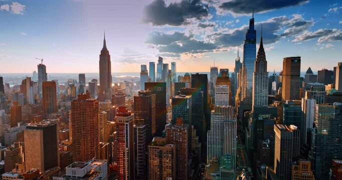 Stunning skyscrapers of New York in the rays of bright daytime sun. Scenery of metropolis under grey clouds. Top view.
