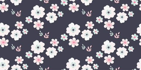 Seamless pattern of abstract flowers on a dark background for printing on fabric and paper.