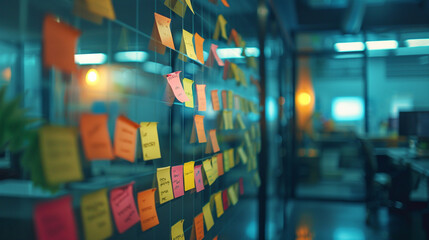 Group brainstorming session with sticky notes on a glass wall.  - Powered by Adobe
