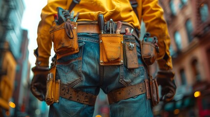 Detailed close-up of a construction worker's leather tool belt filled with various tools on an urban backdrop