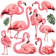 Obraz premium a Set Cute Greater Flamingo on a White Canvas Sticker,vector image