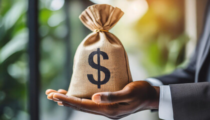businessman's hands holding money bag against blank wall, symbolizing success, wealth, and opportunity
