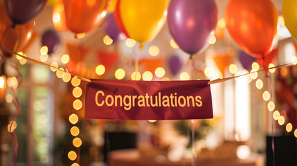 Congratulations banner with balloons and lights. Celebrate achievements and milestones with this festive image of a congratulations banner surrounded by colorful balloons and twinkling lights.