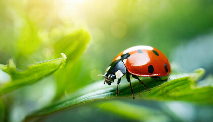 Fototapeta premium ladybug perched on a leaf, symbolizing nature's resilience and the beauty of small wonders