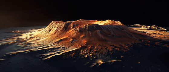 Modern clear, simple space background, wallpaper, backdrop, texture, Olympus Mons mountain and surface of planet Mars, isolated on background. LIDAR model, elevation terrain scan, topography map, 3D 