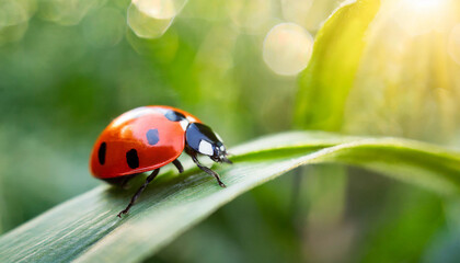 Fototapeta premium ladybug perched on a leaf, symbolizing nature's resilience and the beauty of small wonders