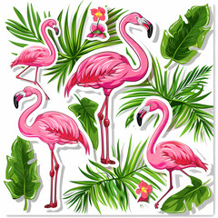 Obraz premium a Set Cute Greater Flamingo on a White Canvas Sticker,vector image