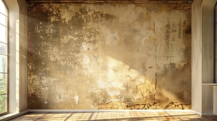 Grunge wall in a daylight-filled living room, showcasing ancient ambiance