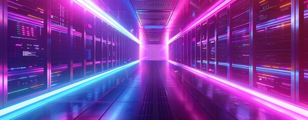 Abstract digital background of a server room with colorful lights and a futuristic design, representing a data center or cloud storage concept. High resolution, photo realistic wallpaper captured with