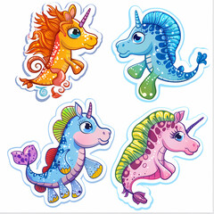 a Set Cute Hippocampus on a White Canvas Sticker,vector image