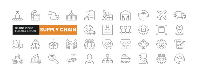 Set of 36 Supply Chain line icons set. Supply Chain outline icons with editable stroke collection. Includes Logistics, Management, Retailer, Cargo Ship, Labour, and More.