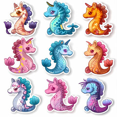 Naklejka premium a Set Cute Hippocampus on a White Canvas Sticker,vector image
