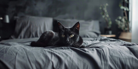 Black cat lay on the bed dark background