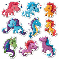 a Set Cute Hippocampus on a White Canvas Sticker,vector image