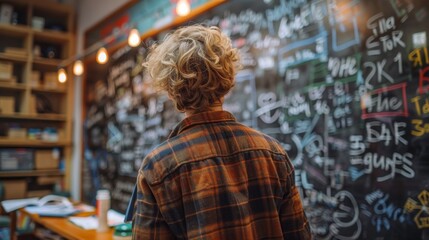 A pensive individual stands before a chalkboard filled with complex mathematical formulas and equations