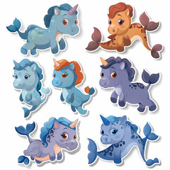 a Set Cute Hippocampus on a White Canvas Sticker,vector image