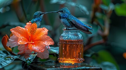 Two hummingbirds interacting above a jar of honey surrounded by tropical flowers and wet foliage