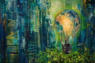 Abstract oil painting of an illuminated light bulb with the Earth inside, floating above lush greenery and towering skyscrapers in a futuristic cityscape. The background is filled with digital art ele