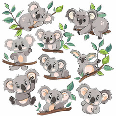 a Set Cute koala bear on a White Canvas Sticker,vector image