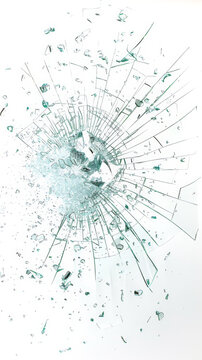 impact de balle dans une vitre en verre blanc, &eacute;clats et fissures