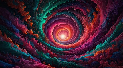 In a swirling, kaleidoscopic world of vibrant colors and shifting patterns, every detail bursts with psychedelic energy: swirling and intertwining shapes in neon hues of pink, purple, and green. This 