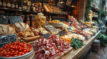 An artisanal deli displays an array of gourmet foods such as cheeses, meats, and fresh bread in a...